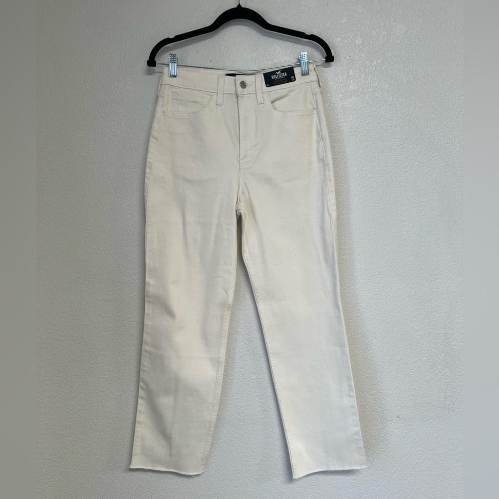 Hollister Ultra High Rise Vintage Straight Jeans Cream White Raw Hem Size 5L W27